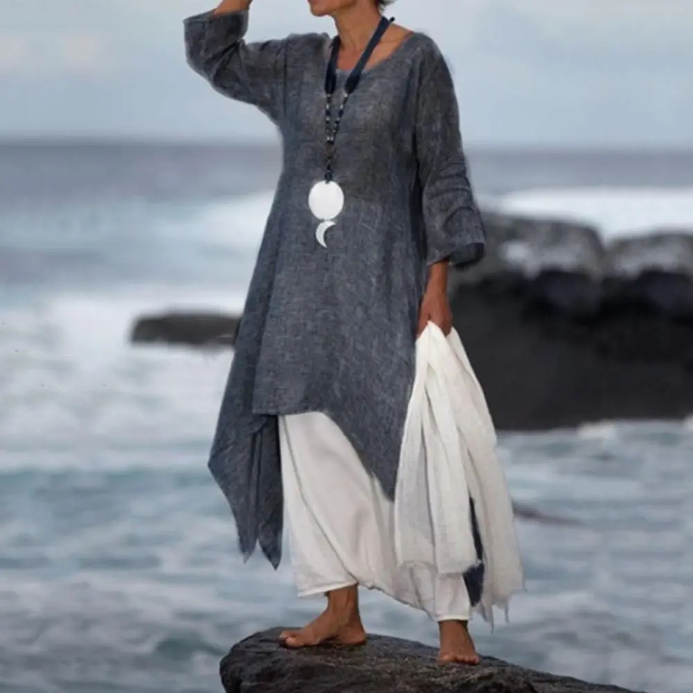 O-Neck Long Sleeve Loose Fitting Tunic Dress Women Fashion Irregular Hem Leisure Midi Dress Female Clothing