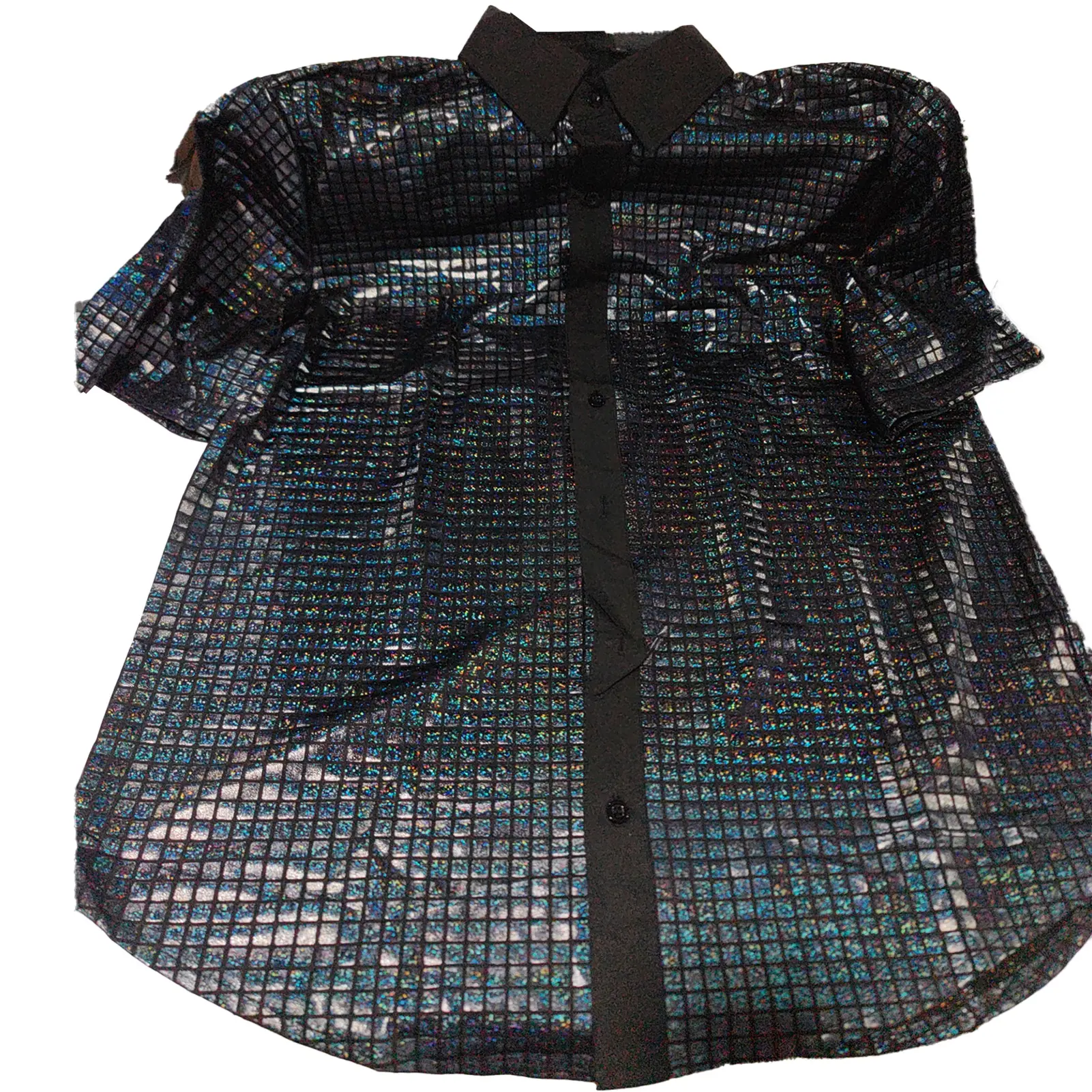 Club Sequin Shirt Mens 70s Disco Costume Vinatge Shirt Turn-down Collar Reflective Shiny Sequins Short Sleeve Button Down Shirt
