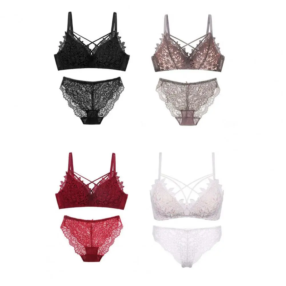 2Pcs/Set Women Bra Panties Set Lace Flower Embroidery Hollow Push Up Seamless Wireless Anti-septic Lady Underwear