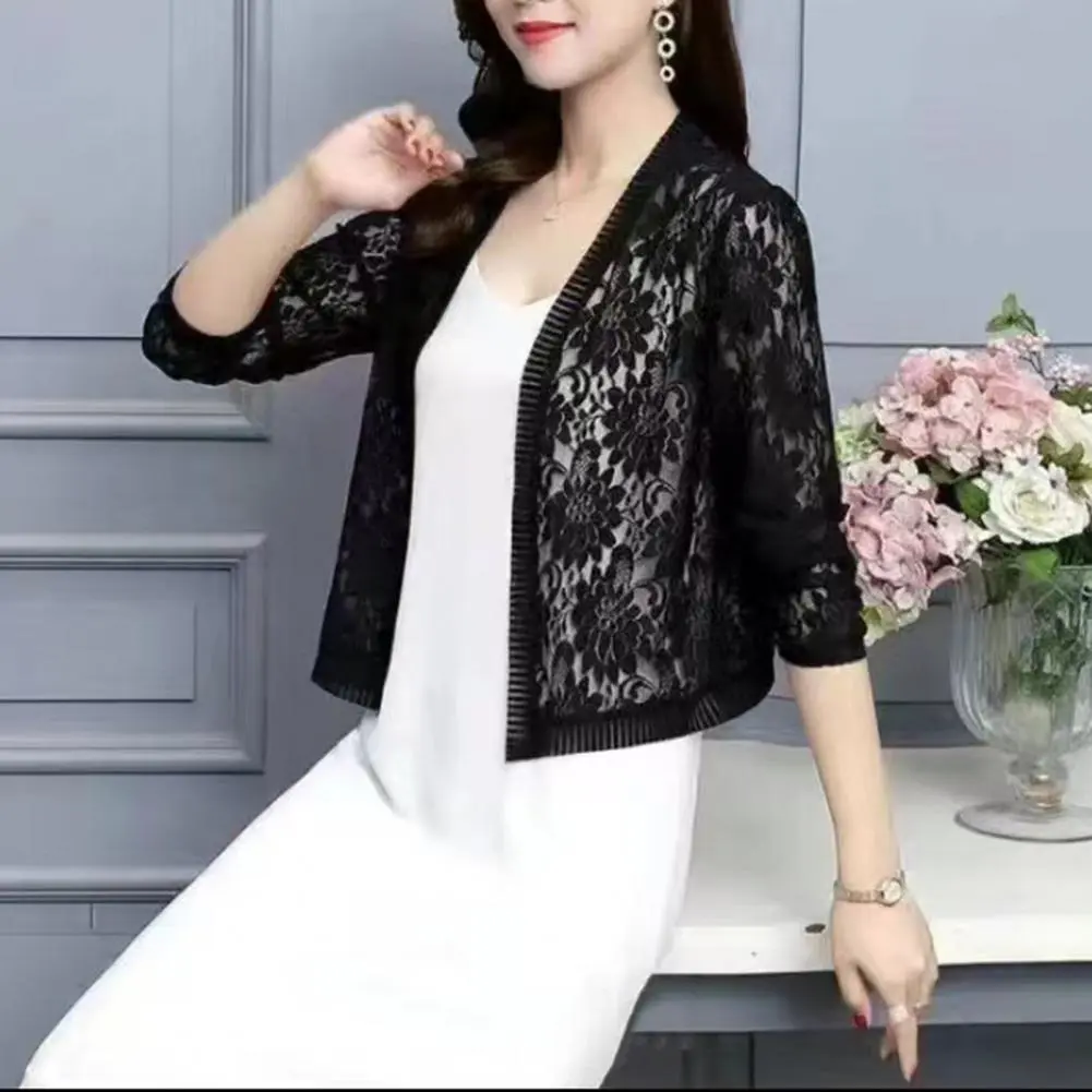 Women Floral Lace Cardigan Women Summer Lace Cardigan Solid Color Sun-resistant Ladies Summer Short Top Cover Up Women's Jackets