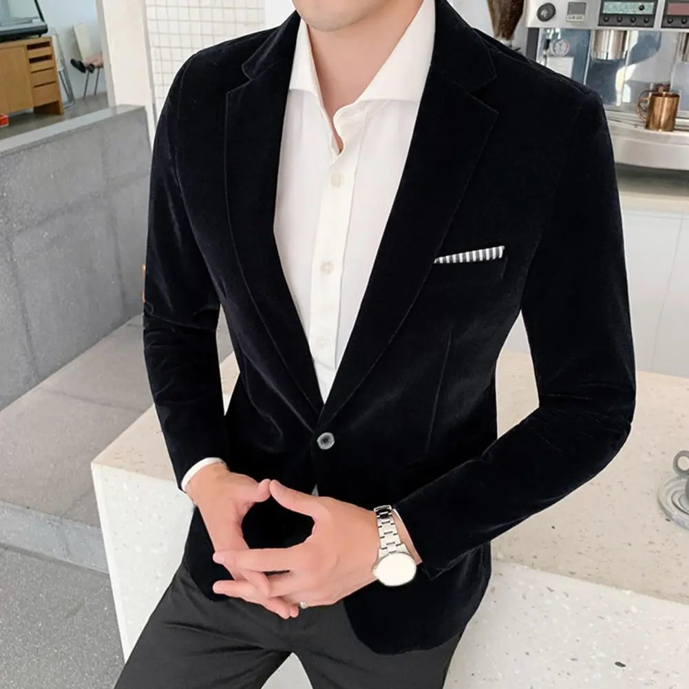 Spring Velvet Men Solid Color Temperament Suit Jacket Turndown Collar Long Sleeve Slim Fit Single Button Velvet Suit Coat