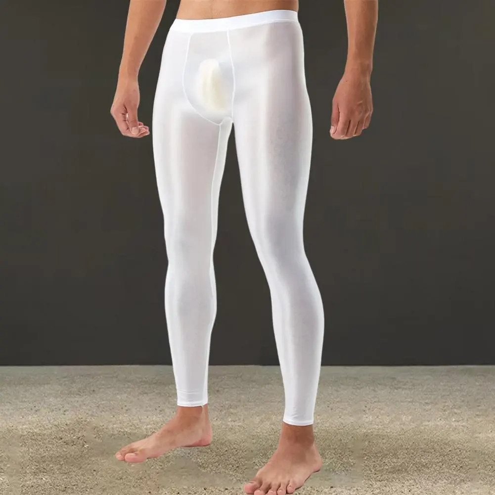 Men Pants U Convex Bulge Pouch Silky Smooth Slim Fit Casual Pants High Elastic Mid Waist Solid Color Long Jonhs Leggings