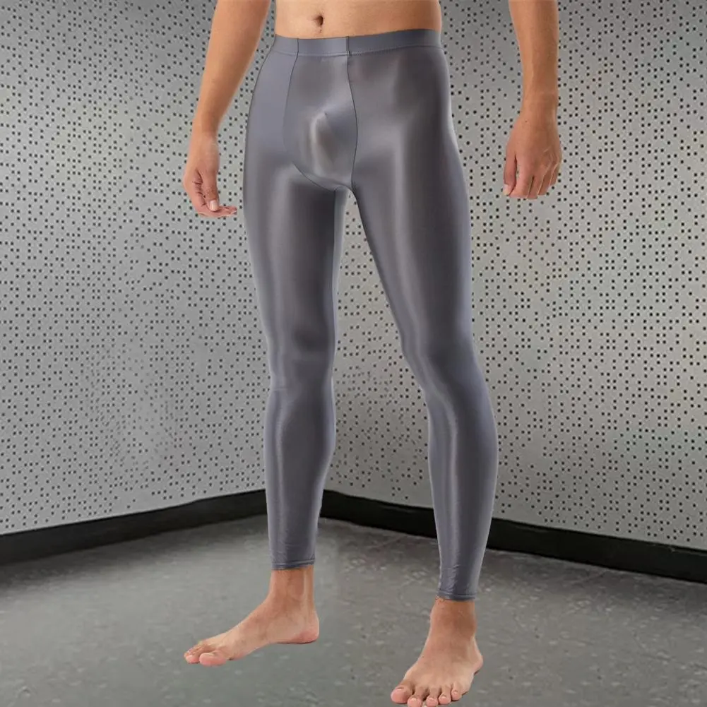 Men Pants U Convex Bulge Pouch Silky Smooth Slim Fit Casual Pants High Elastic Mid Waist Solid Color Long Jonhs Leggings