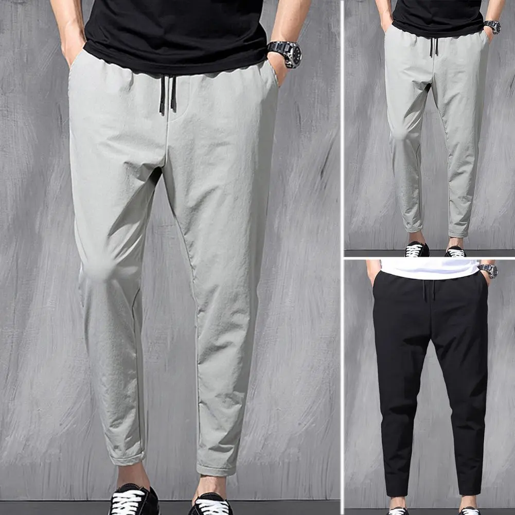 Men Pencil Pants Drawstring Solid Color Men Ninth Pants Breathable Simple Elastic Waist Straight Casual Pants Summer Trousers