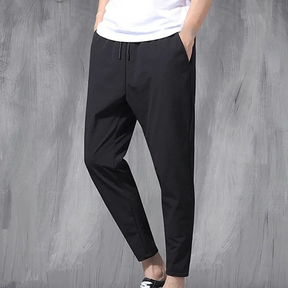 Men Pencil Pants Drawstring Solid Color Men Ninth Pants Breathable Simple Elastic Waist Straight Casual Pants Summer Trousers