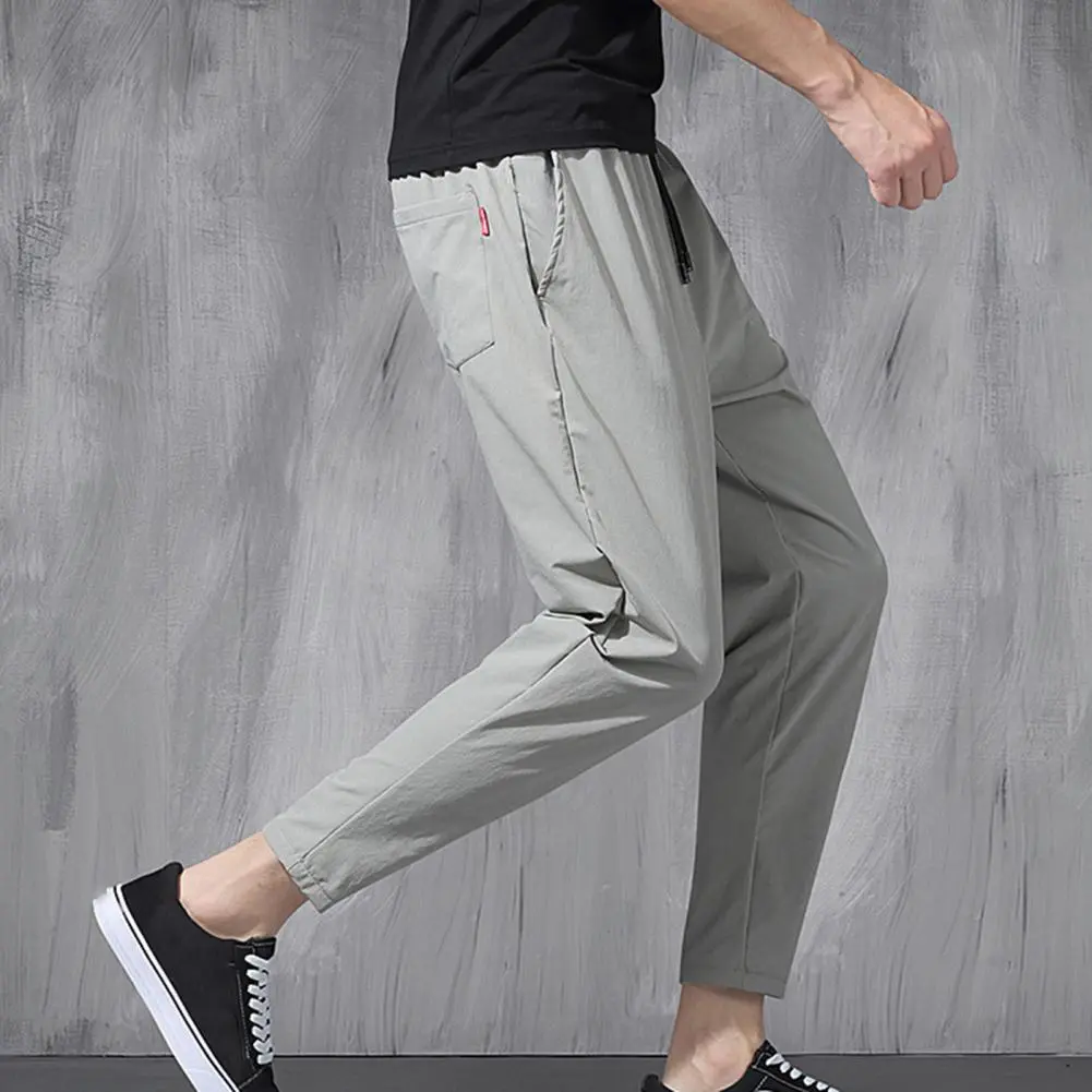 Men Pencil Pants Drawstring Solid Color Men Ninth Pants Breathable Simple Elastic Waist Straight Casual Pants Summer Trousers