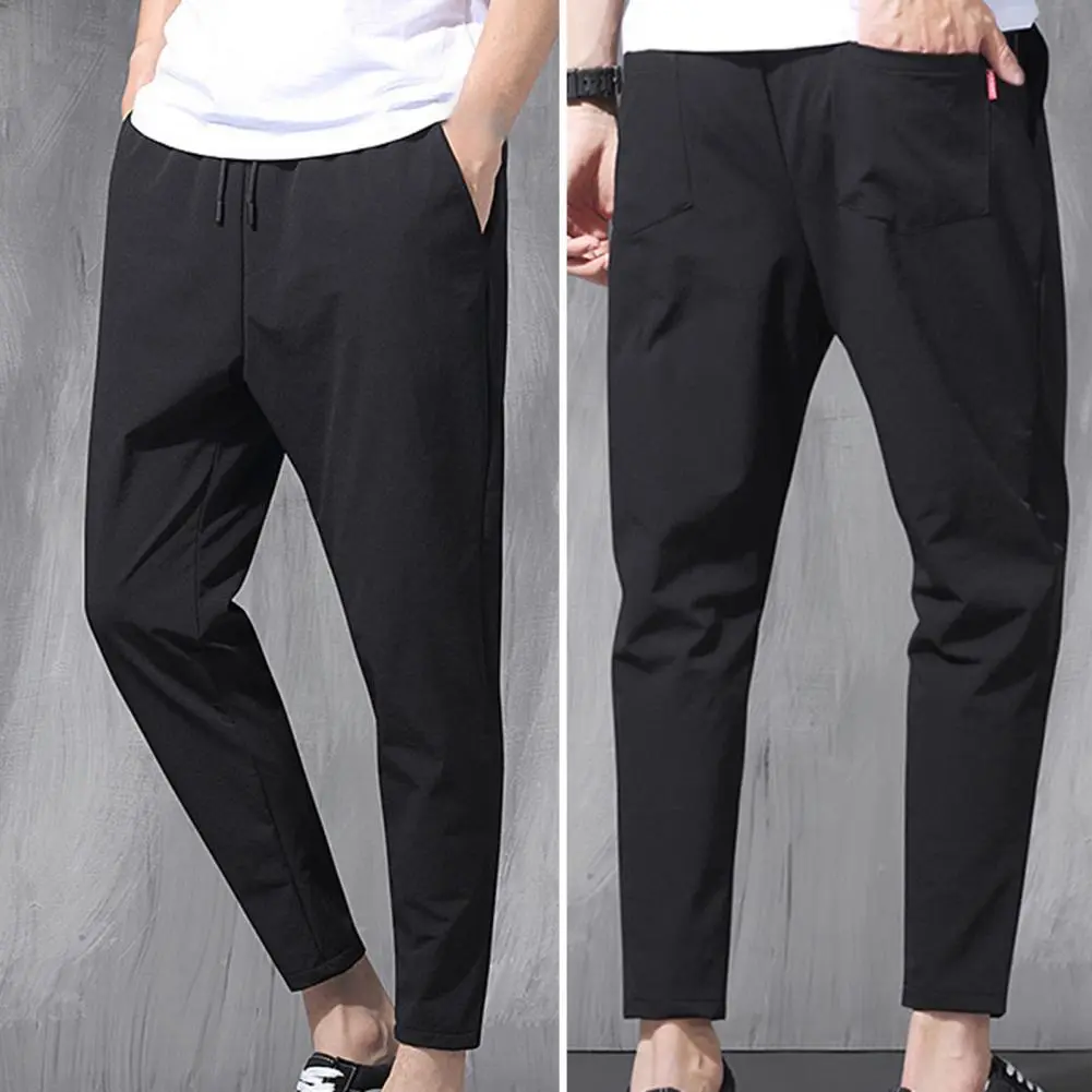 Men Pencil Pants Drawstring Solid Color Men Ninth Pants Breathable Simple Elastic Waist Straight Casual Pants Summer Trousers
