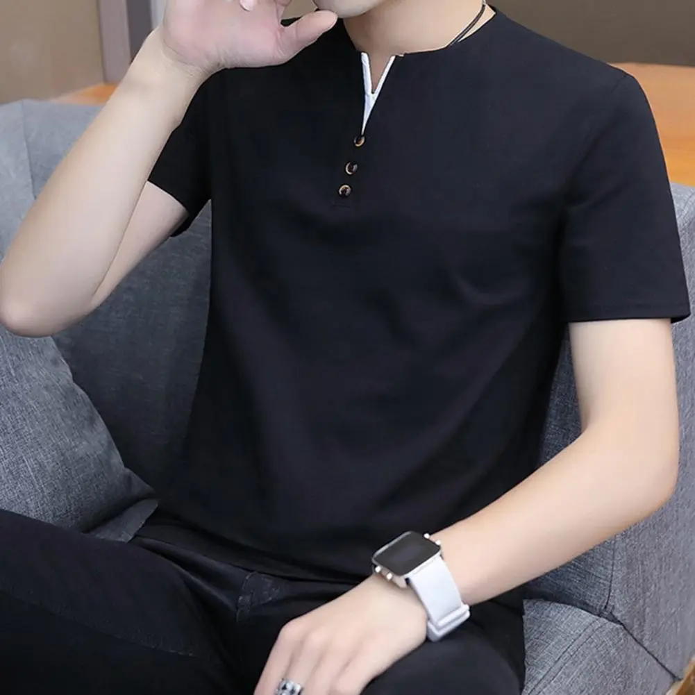 Small V-Neck Summer T-shirt Buttons Decor Short Sleeve Men T-shirt Summer Solid Color Slim Fit Tee Top Streetwear