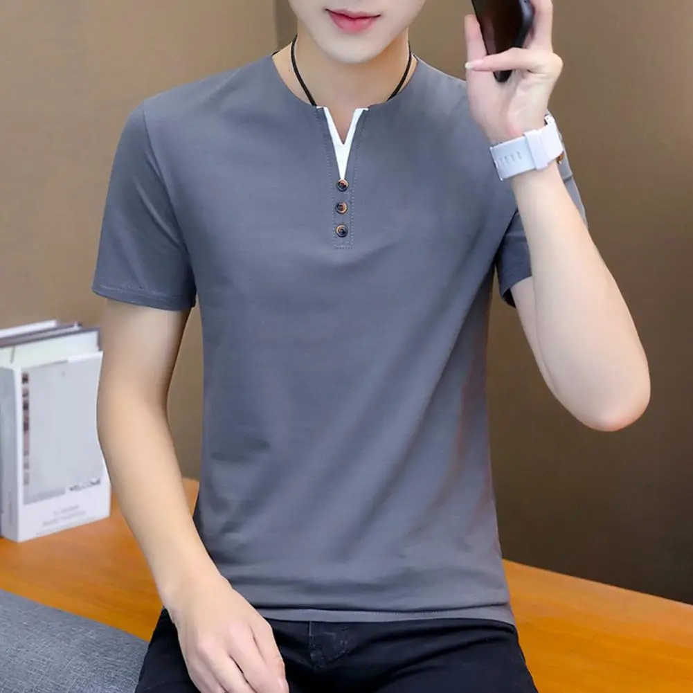 Small V-Neck Summer T-shirt Buttons Decor Short Sleeve Men T-shirt Summer Solid Color Slim Fit Tee Top Streetwear