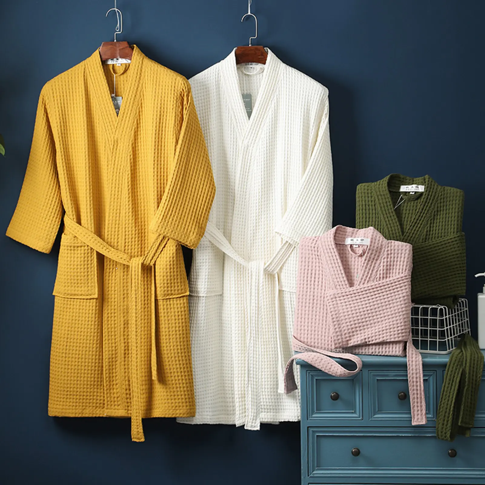 Unisex Shower Robe V Neck Lace-up Waist Long Sleeve Solid Color Sleepwear Men's Bathrobe Nightgown Hotel Beauty Shower Gown