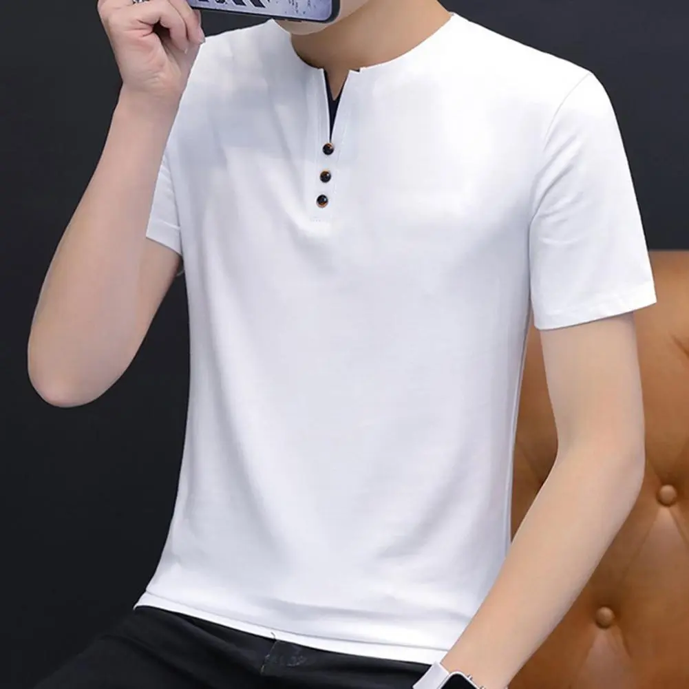Small V-Neck Summer T-shirt Buttons Decor Short Sleeve Men T-shirt Summer Solid Color Slim Fit Tee Top Streetwear
