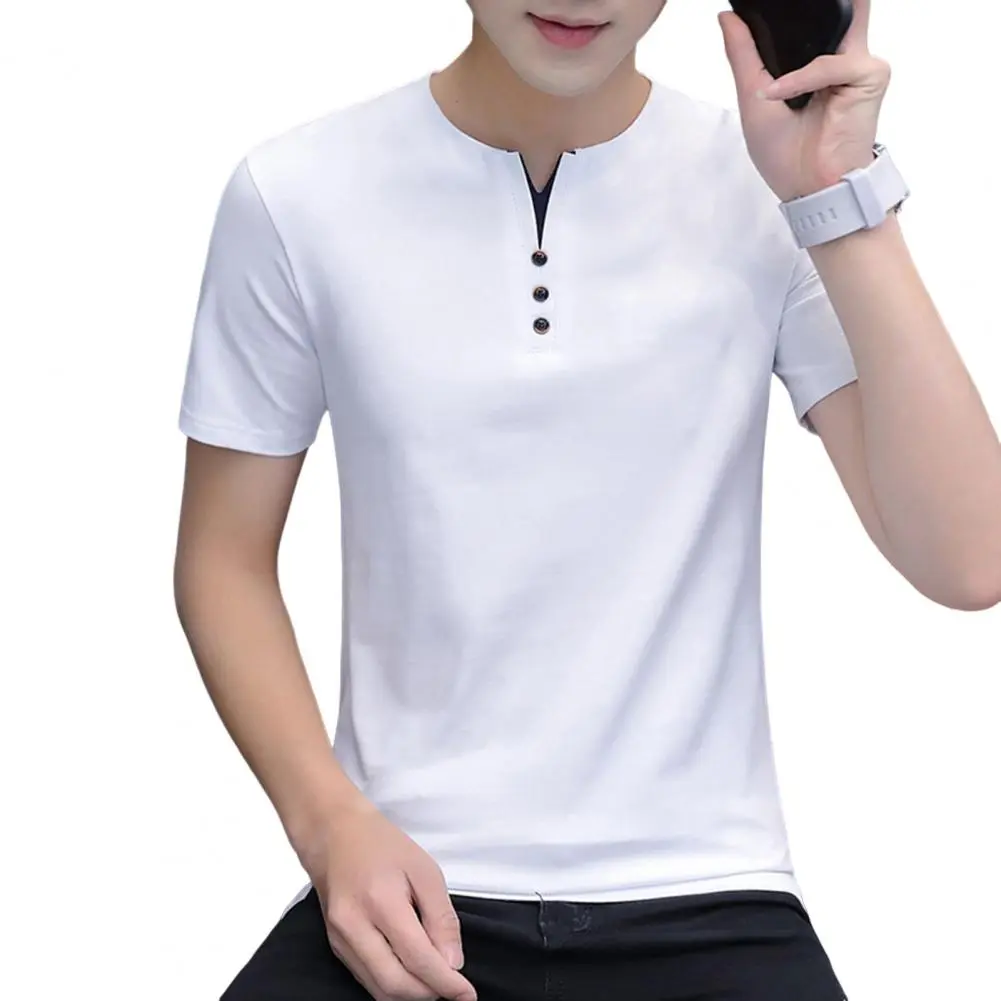 Small V-Neck Summer T-shirt Buttons Decor Short Sleeve Men T-shirt Summer Solid Color Slim Fit Tee Top Streetwear