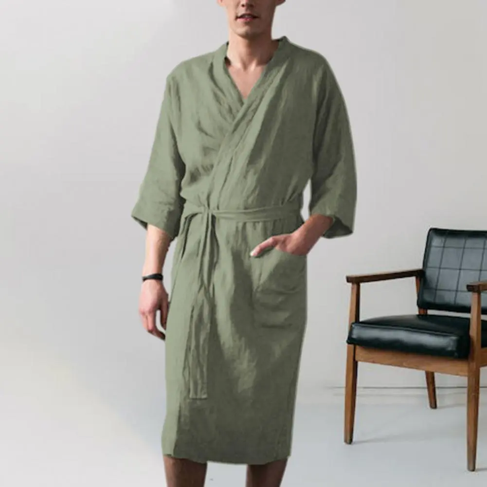 Men Nightgown Men Bath Robe Soft Lace Up Cardigan Sleepwear Three Quarter Sleeves Pockets Loose Men Bathrobe Nightgown