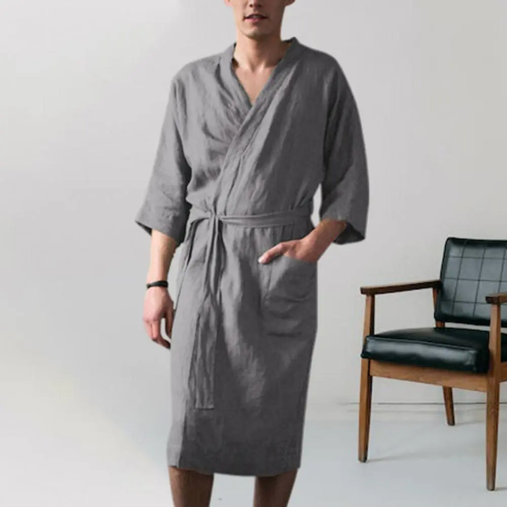 Men Nightgown Men Bath Robe Soft Lace Up Cardigan Sleepwear Three Quarter Sleeves Pockets Loose Men Bathrobe Nightgown
