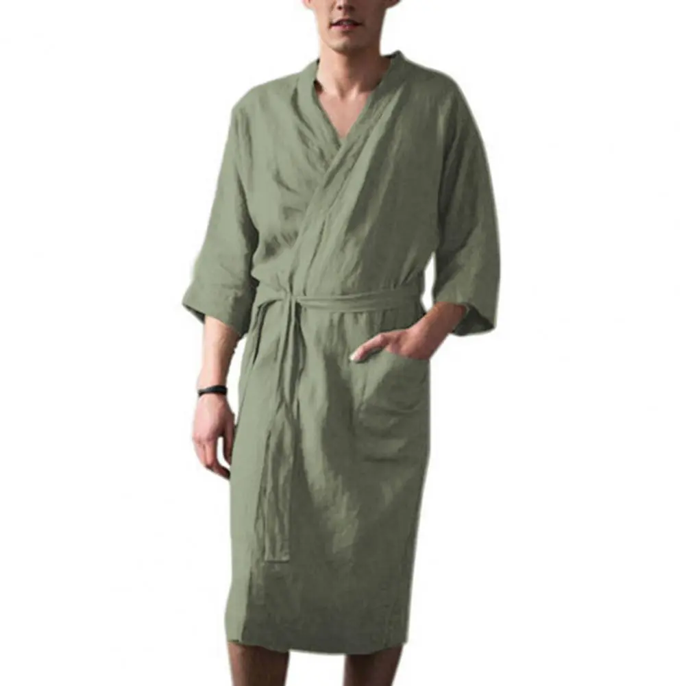 Men Nightgown Men Bath Robe Soft Lace Up Cardigan Sleepwear Three Quarter Sleeves Pockets Loose Men Bathrobe Nightgown