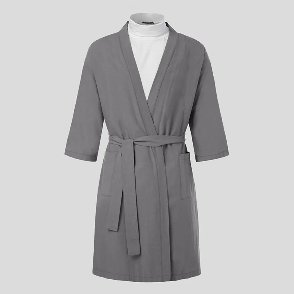 Men Nightgown Men Bath Robe Soft Lace Up Cardigan Sleepwear Three Quarter Sleeves Pockets Loose Men Bathrobe Nightgown