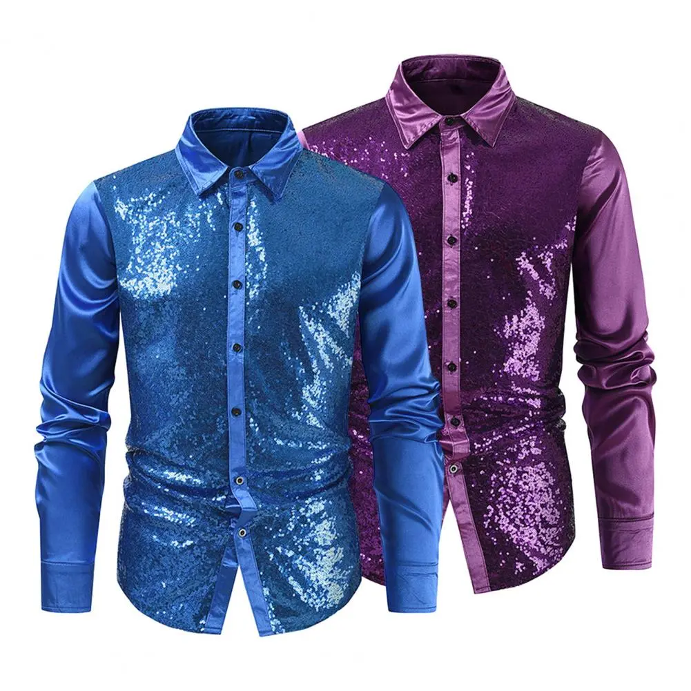 Men Shirt Men Long Sleeve Shirt Sequin Performance Shirt for Men with Turn-down Collar Long Sleeves Satin Club Party Stage Show