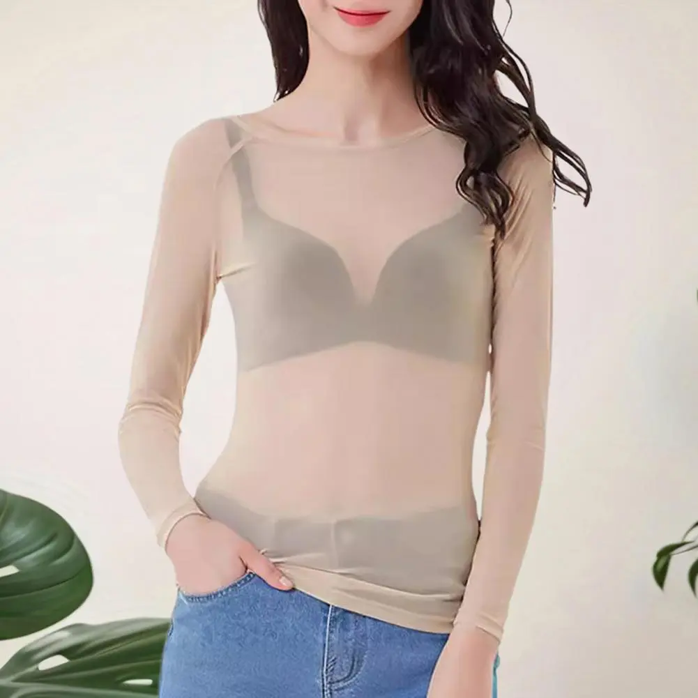 Transparent Blouse Gauze Top Women Mesh Bottoming Shirt Sheer Mesh Blouse Women's Tops O-neck Long Sleeve Shirt for Summer