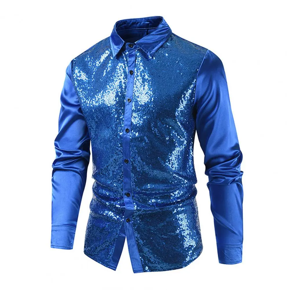 Men Shirt Men Long Sleeve Shirt Sequin Performance Shirt for Men with Turn-down Collar Long Sleeves Satin Club Party Stage Show