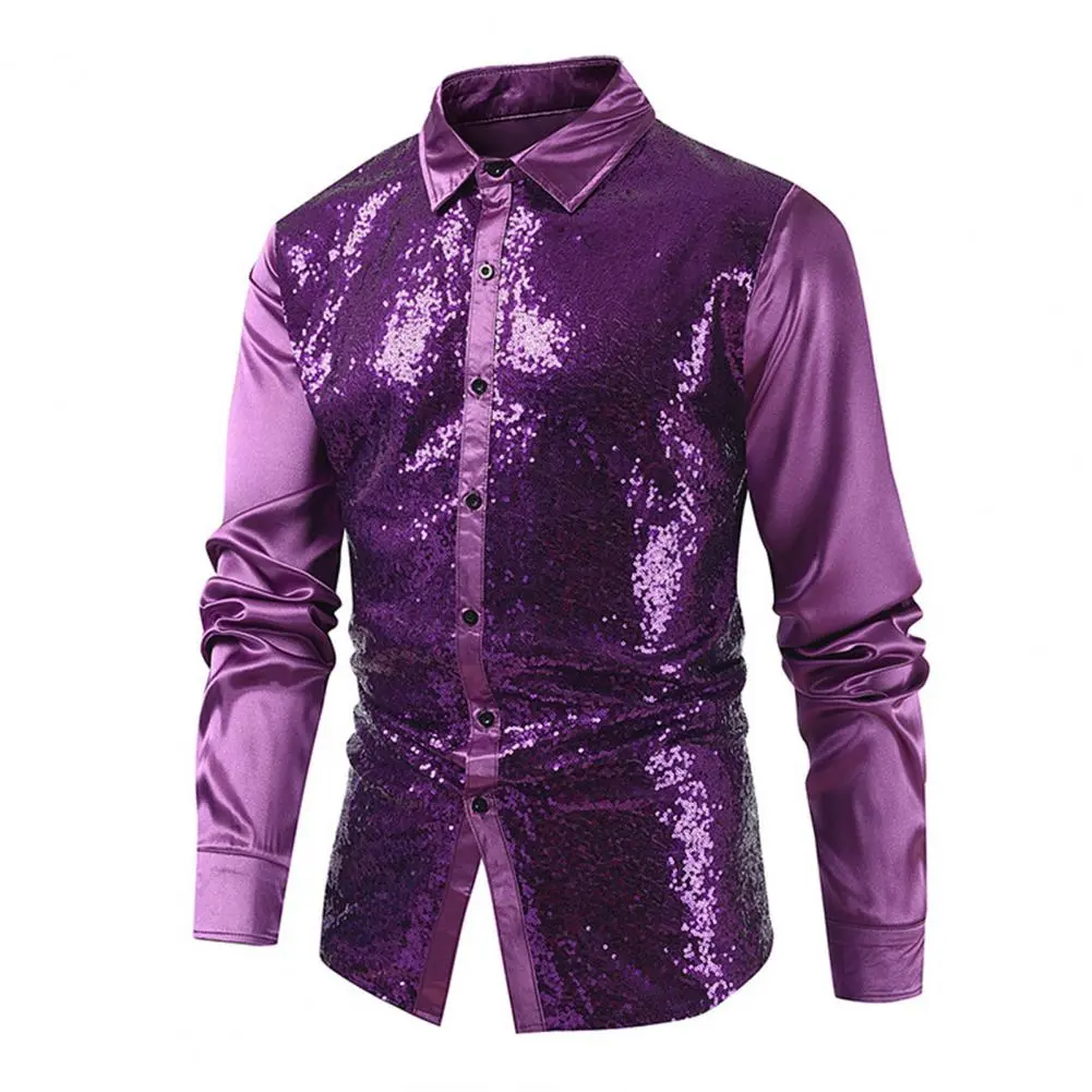 Men Shirt Men Long Sleeve Shirt Sequin Performance Shirt for Men with Turn-down Collar Long Sleeves Satin Club Party Stage Show