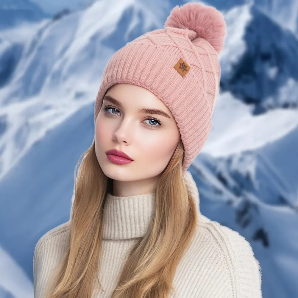 Knit Hat with Velvet Lining Warm Comfortable Knit Hat Cozy Winter Knit Hat with Faux Fur Pom Pom Ball Warm Fleece for Outdoor