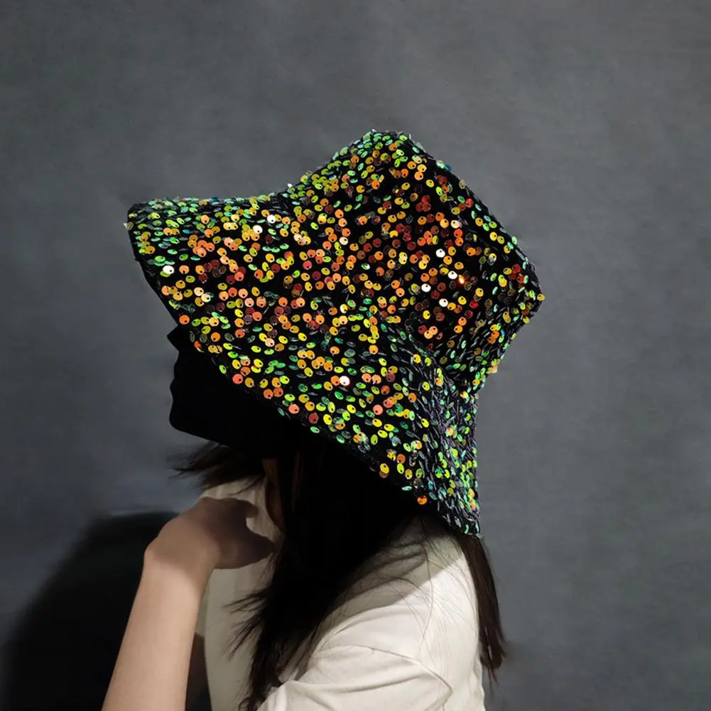 Festival Performance Hat Sequin Polyester Hat Sequin Bucket Hat for Women Glitter Bling Disco Cap Fashionable Street for Outdoor