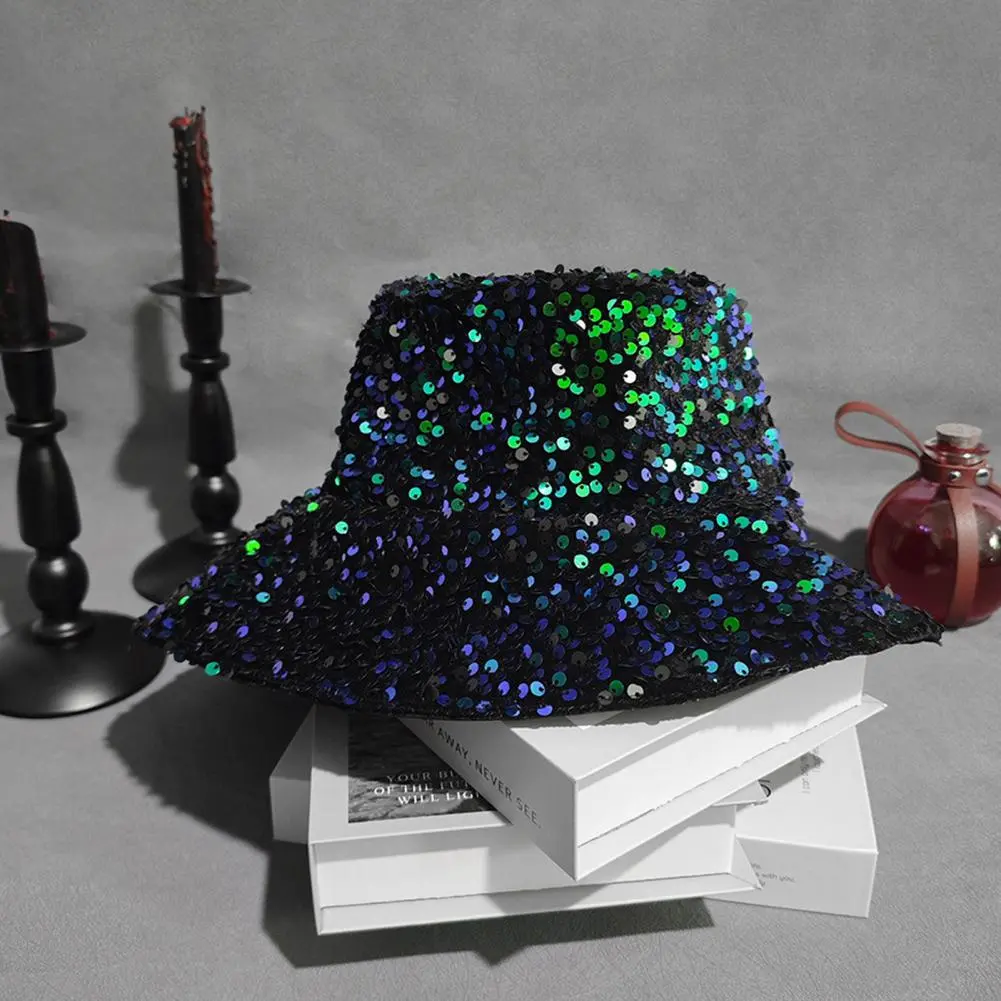 Festival Performance Hat Sequin Polyester Hat Sequin Bucket Hat for Women Glitter Bling Disco Cap Fashionable Street for Outdoor