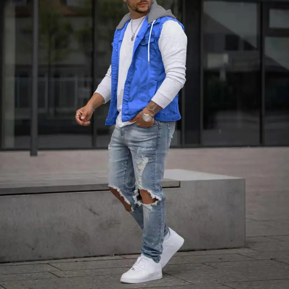 Popular Cargo Vest Autumn Winter Men Waistcoat Denim Patchwork Streetwear Relaxed Fit Splicing Vest