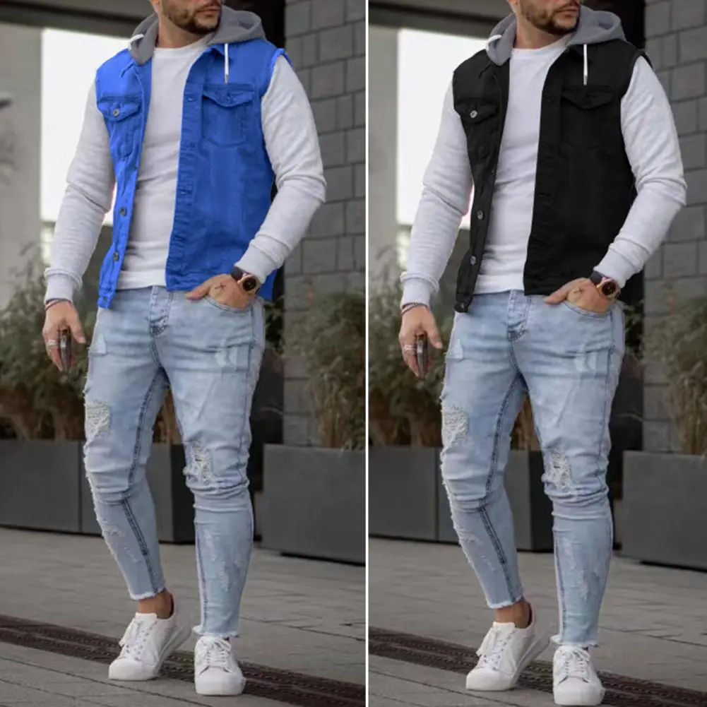 Popular Cargo Vest Autumn Winter Men Waistcoat Denim Patchwork Streetwear Relaxed Fit Splicing Vest