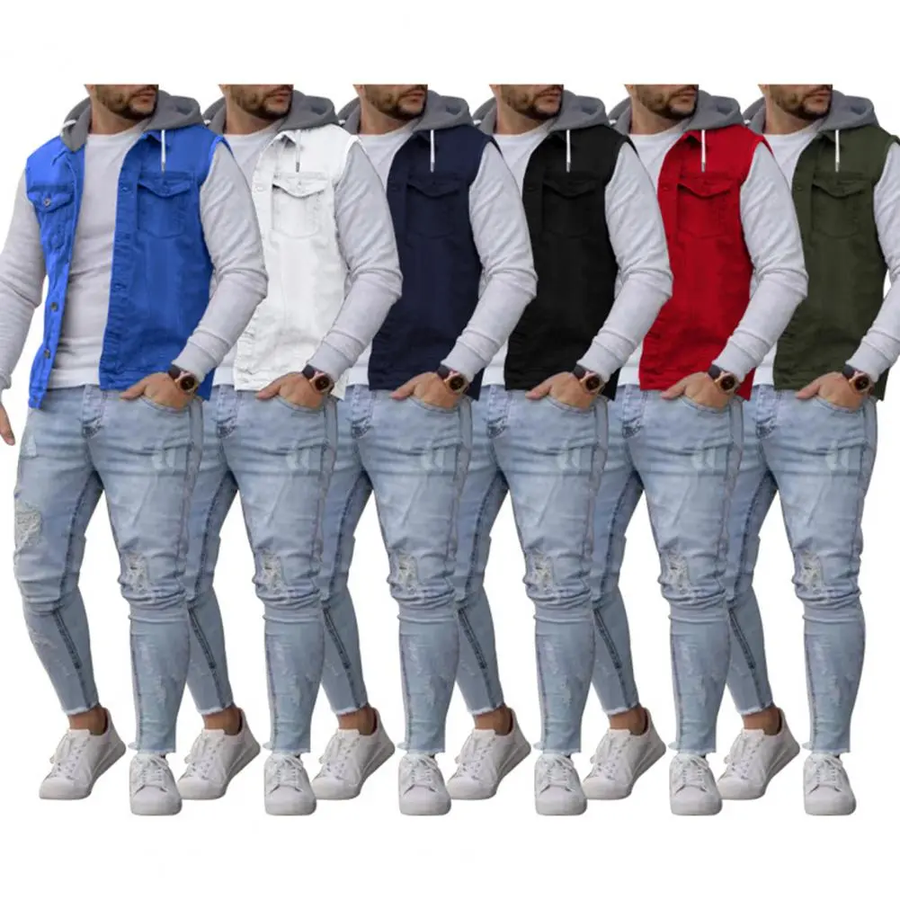 Popular Cargo Vest Autumn Winter Men Waistcoat Denim Patchwork Streetwear Relaxed Fit Splicing Vest
