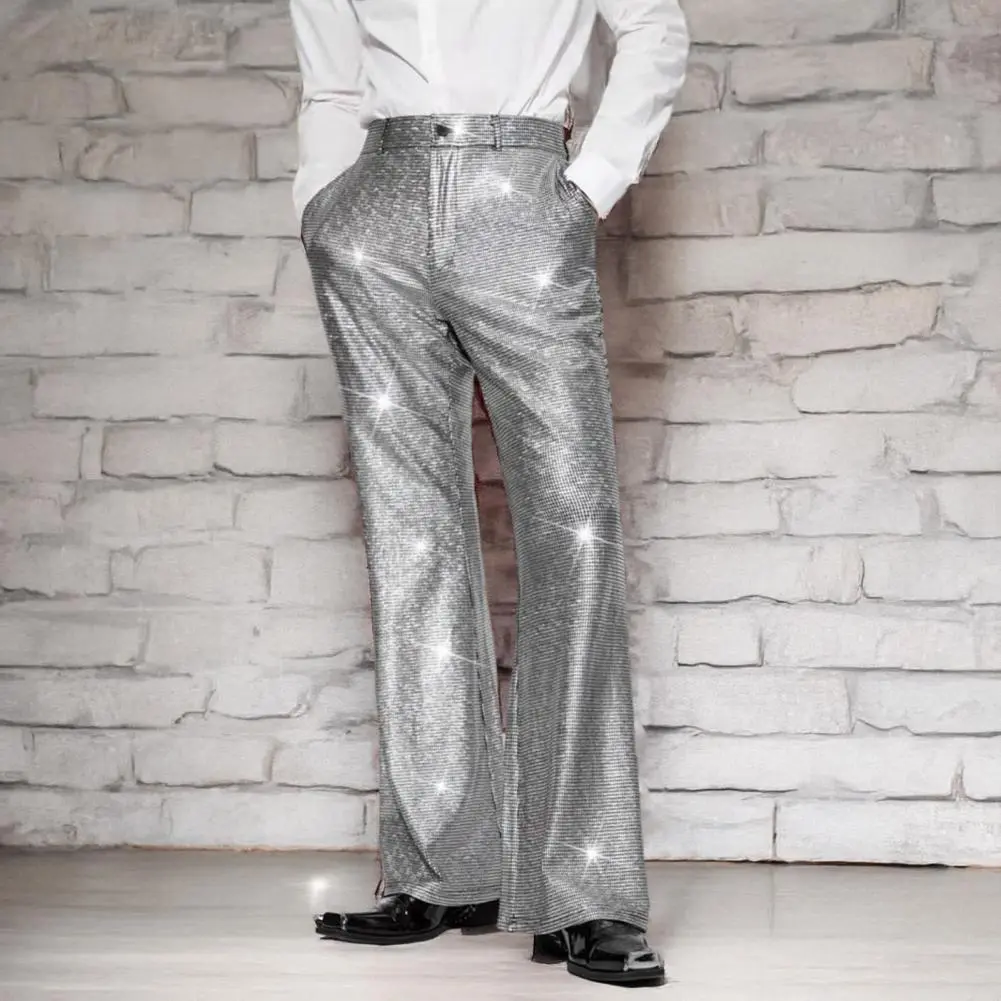 Shiny Sequins Men Suit Pants Straight Wide Leg Wedding Trousers with Pockets Nightclub Dance Role-Playing Long Pants Streetwear