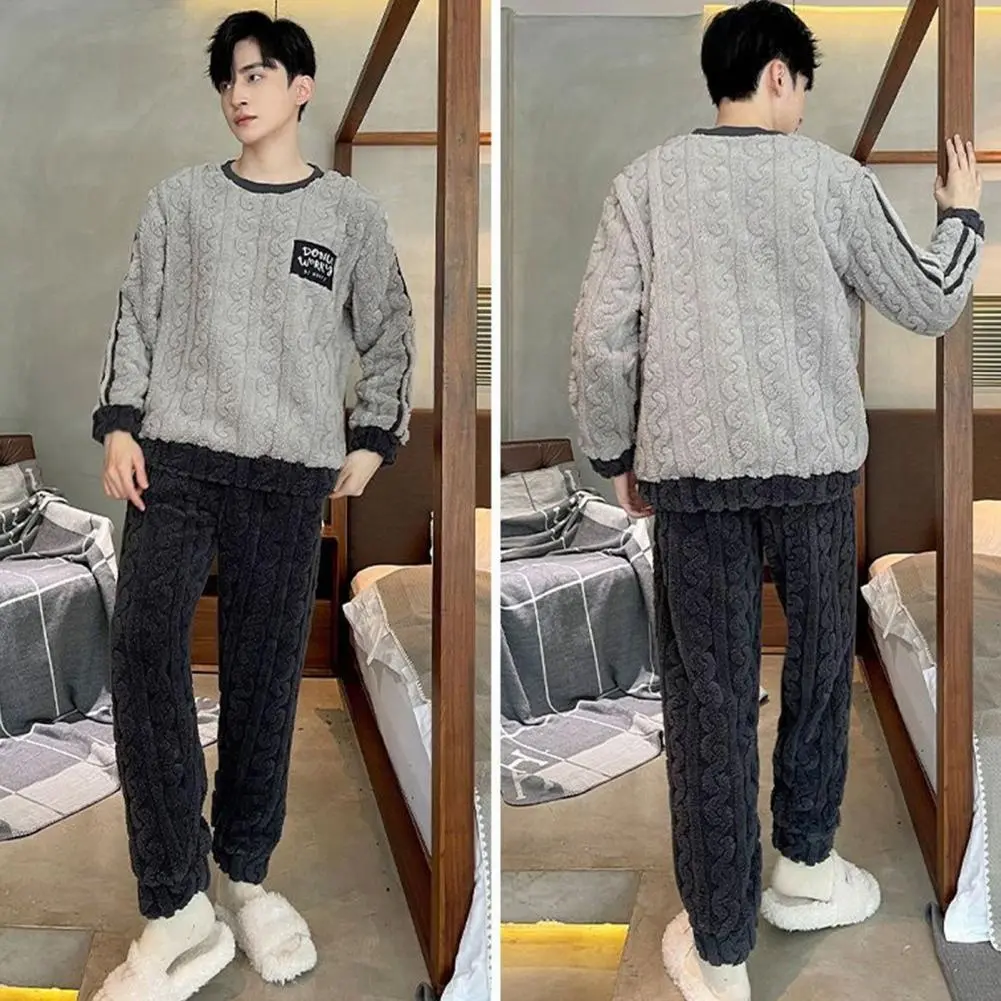 Warm Winter Pajamas Round Neck Long Sleeve Men's Winter Pajamas Set Thick Twisted Texture Homecoat Set Sleepwear for Men
