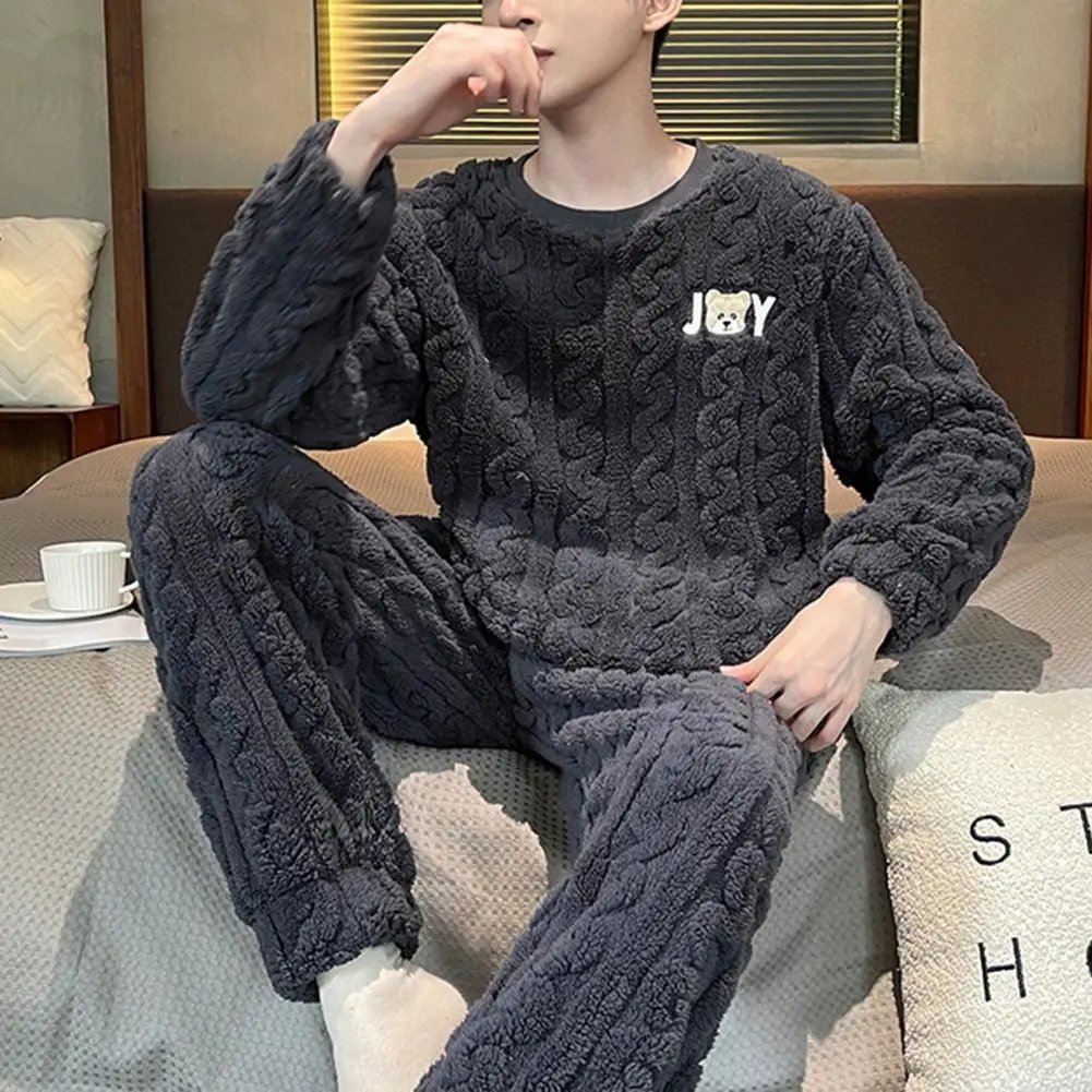 Warm Winter Pajamas Round Neck Long Sleeve Men's Winter Pajamas Set Thick Twisted Texture Homecoat Set Sleepwear for Men