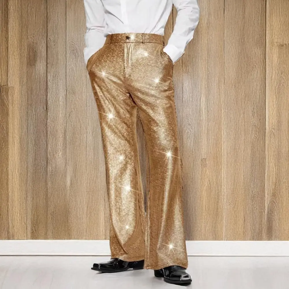 Shiny Sequins Men Suit Pants Straight Wide Leg Wedding Trousers with Pockets Nightclub Dance Role-Playing Long Pants Streetwear