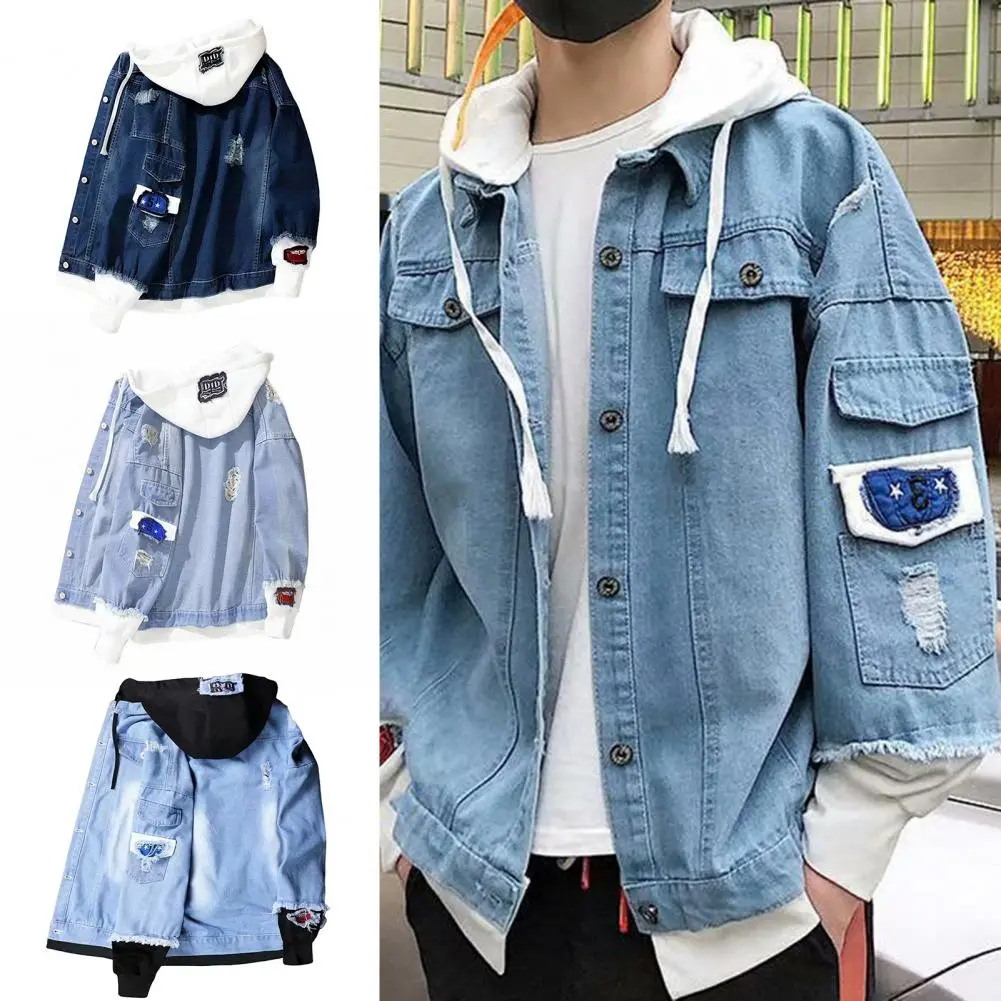 Stylish Denim Jacket Male Men Coat Contrast Color Daily Wear Relaxed Fit Single Breasted Outerwear Coat