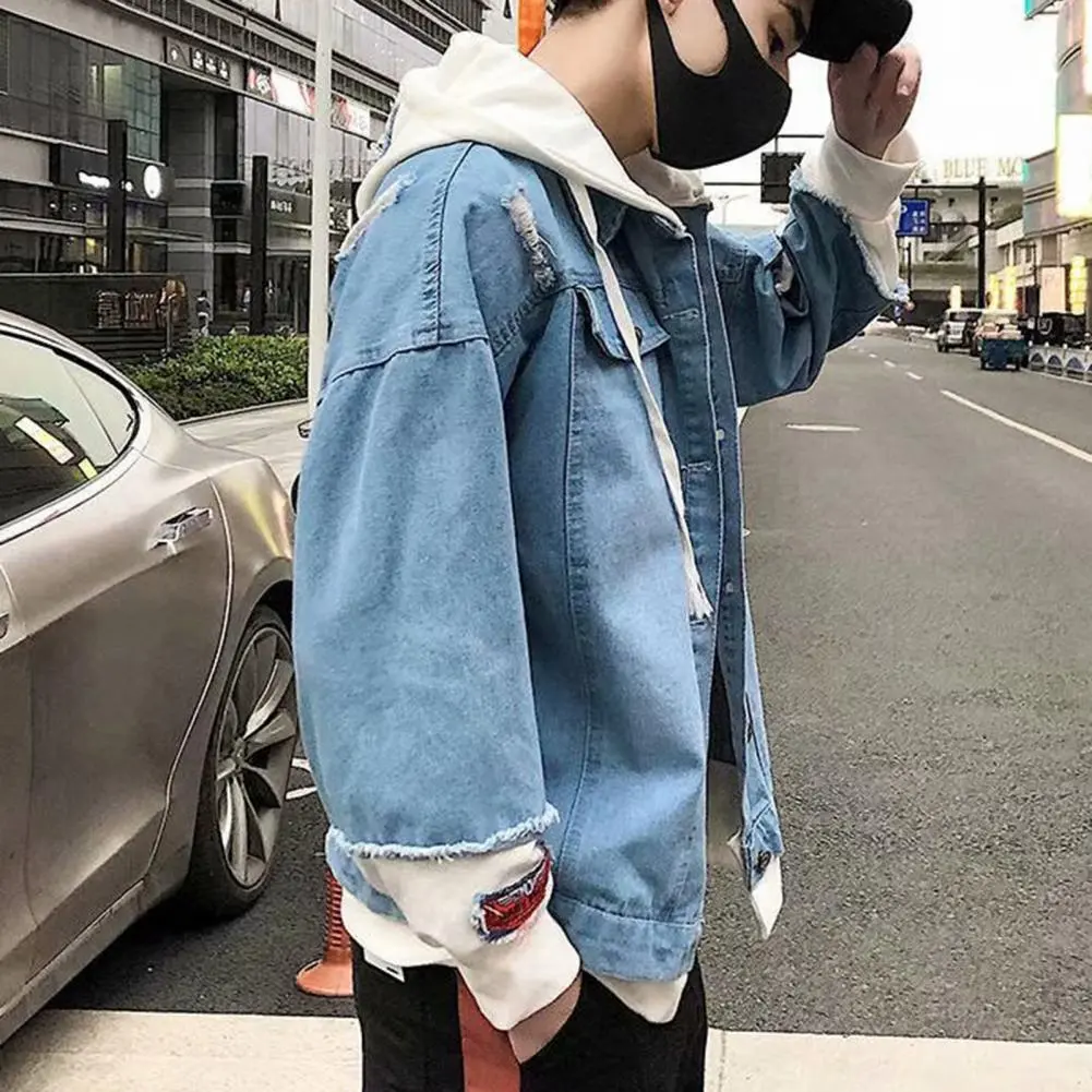 Stylish Denim Jacket Male Men Coat Contrast Color Daily Wear Relaxed Fit Single Breasted Outerwear Coat