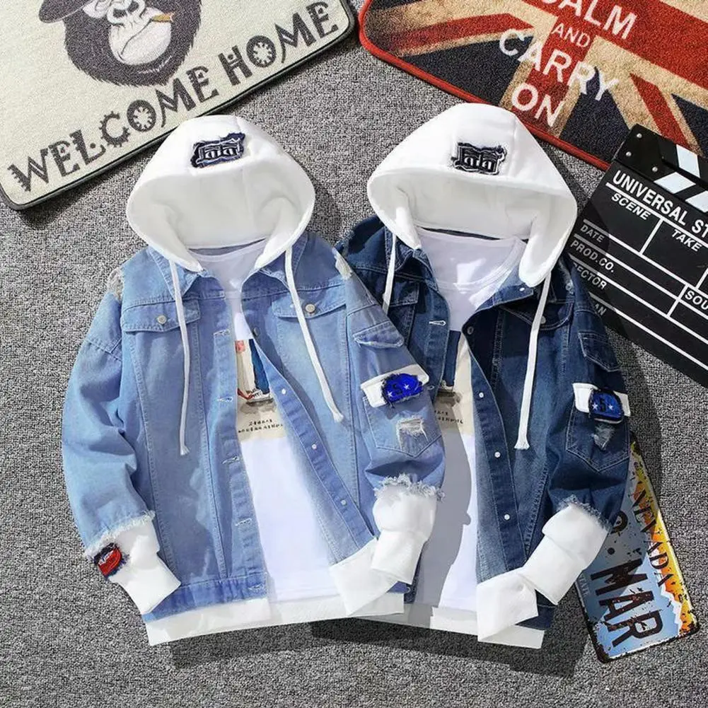 Stylish Denim Jacket Male Men Coat Contrast Color Daily Wear Relaxed Fit Single Breasted Outerwear Coat