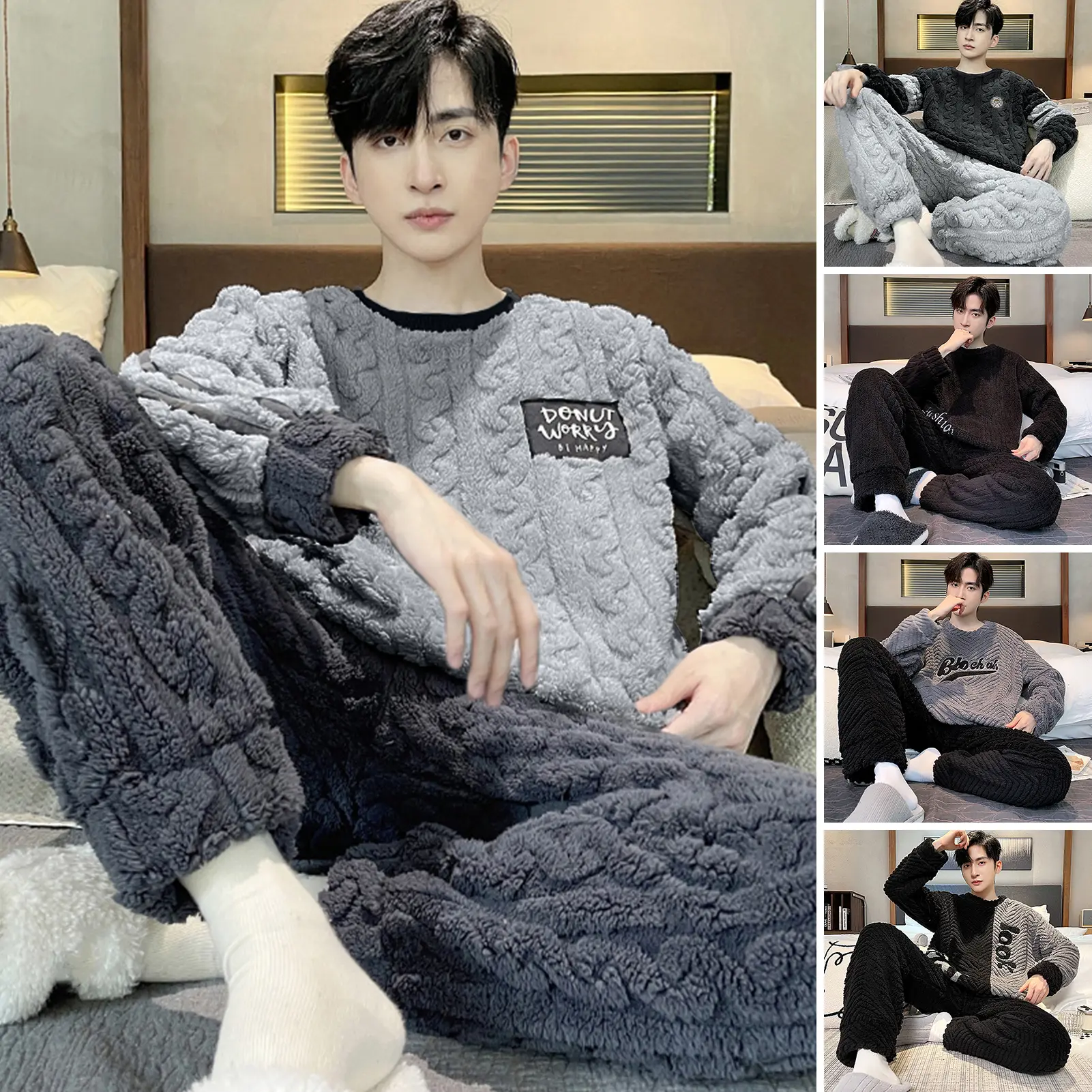 Warm Winter Pajamas Round Neck Long Sleeve Men's Winter Pajamas Set Thick Twisted Texture Homecoat Set Sleepwear for Men