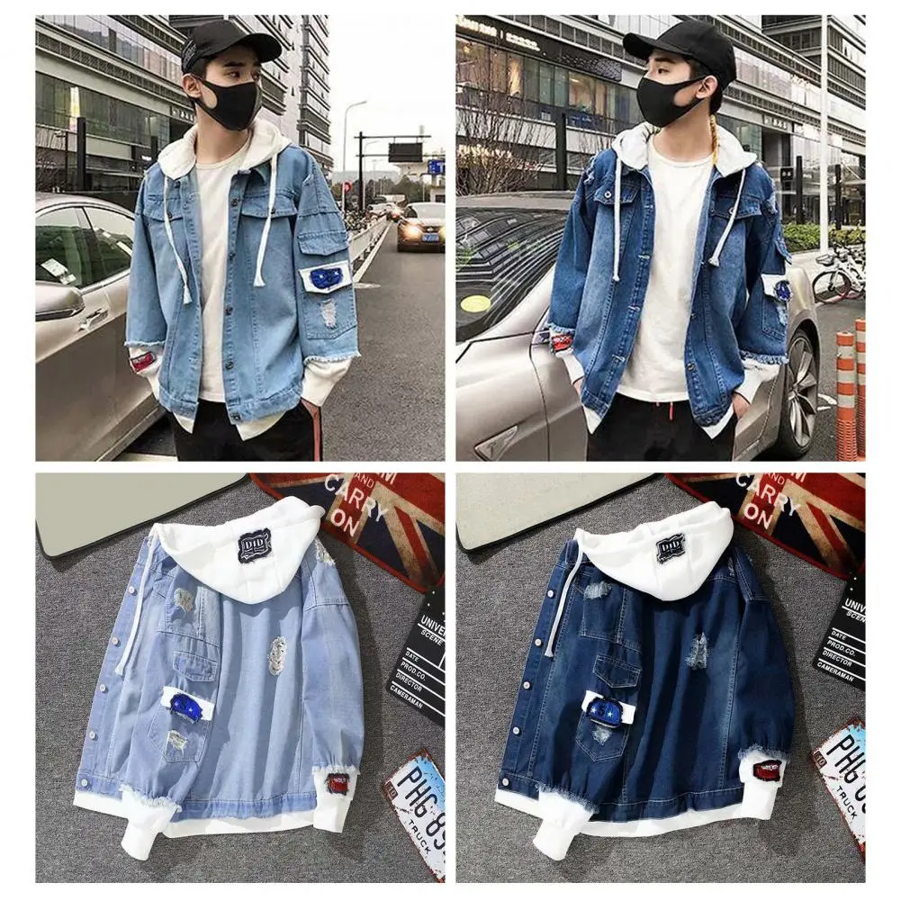 Stylish Denim Jacket Male Men Coat Contrast Color Daily Wear Relaxed Fit Single Breasted Outerwear Coat