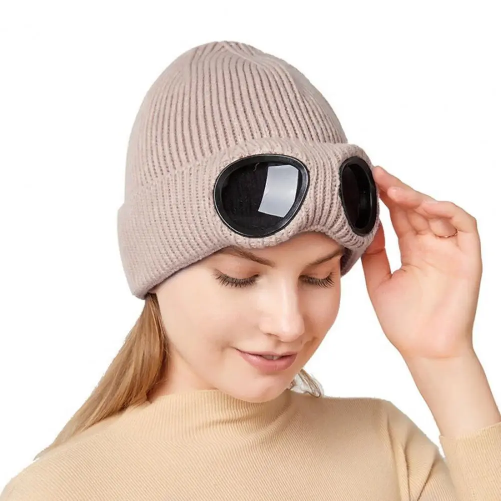 Glasses Knitted Hat Elastic Goggle Hat Unisex Windproof Bomber Hat with Glasses Cap Windproof Winter Warmth Beanie Headwear