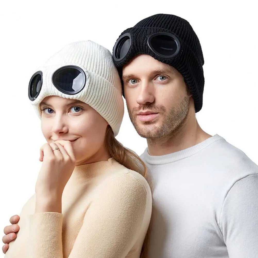 Glasses Knitted Hat Elastic Goggle Hat Unisex Windproof Bomber Hat with Glasses Cap Windproof Winter Warmth Beanie Headwear