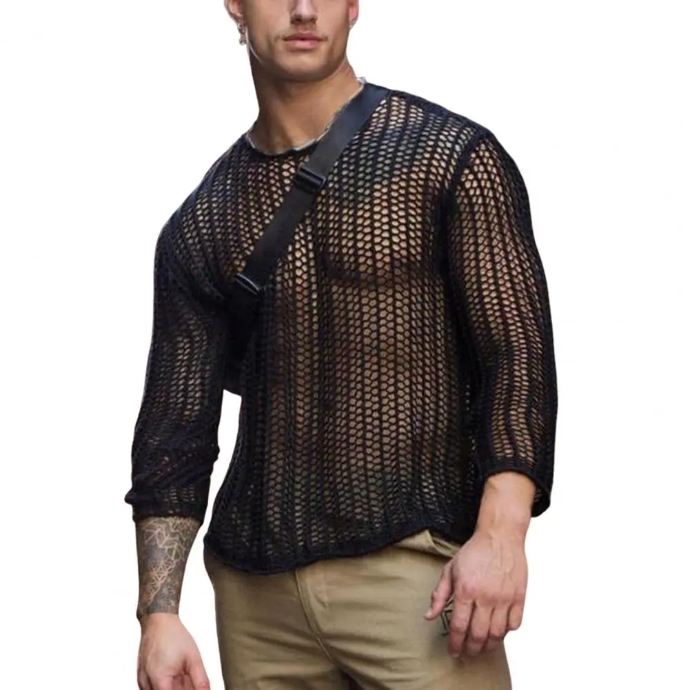 Long Lasting Men Shirt Wear Resistant Knitted Mesh Top Sexy Dress Up Men Bottoming Shirt Knitted Mesh Top Clothing