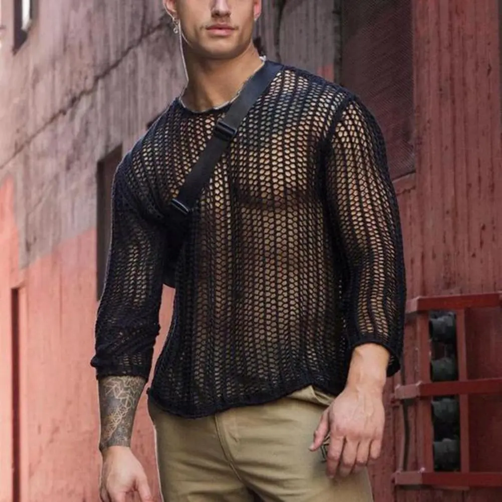Long Lasting Men Shirt Wear Resistant Knitted Mesh Top Sexy Dress Up Men Bottoming Shirt Knitted Mesh Top Clothing