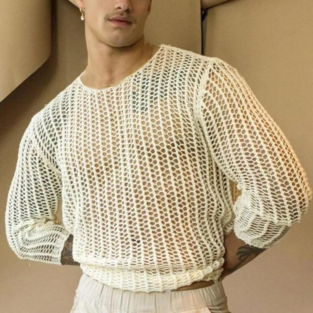 Long Lasting Men Shirt Wear Resistant Knitted Mesh Top Sexy Dress Up Men Bottoming Shirt Knitted Mesh Top Clothing