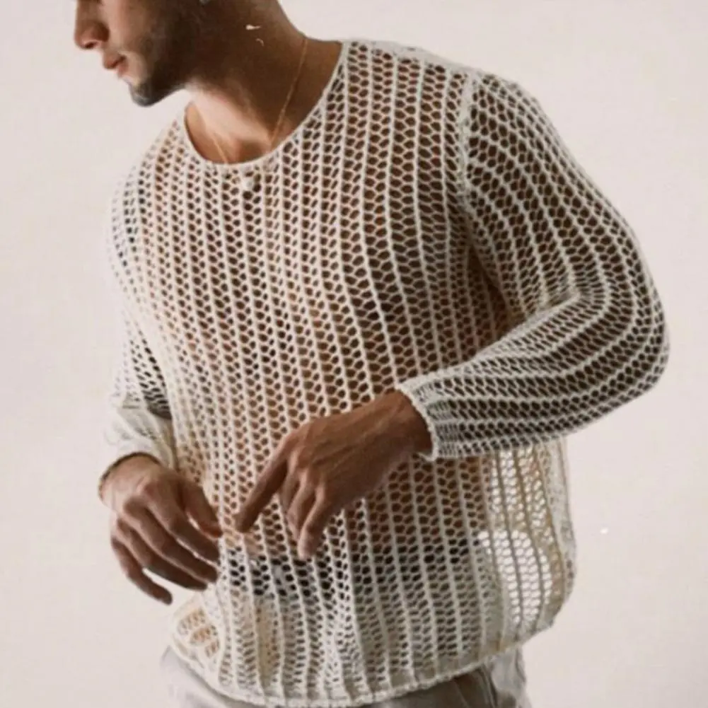 Long Lasting Men Shirt Wear Resistant Knitted Mesh Top Sexy Dress Up Men Bottoming Shirt Knitted Mesh Top Clothing