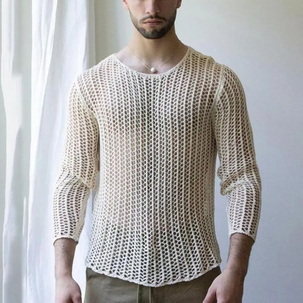Long Lasting Men Shirt Wear Resistant Knitted Mesh Top Sexy Dress Up Men Bottoming Shirt Knitted Mesh Top Clothing