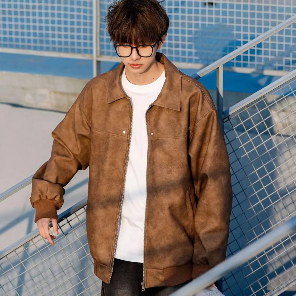 Men Solid Color Jacket Autumn Jacket Stylish Lapel Men's Jacket with Full Zipper Closure Pockets Versatile Outwear for A Modern