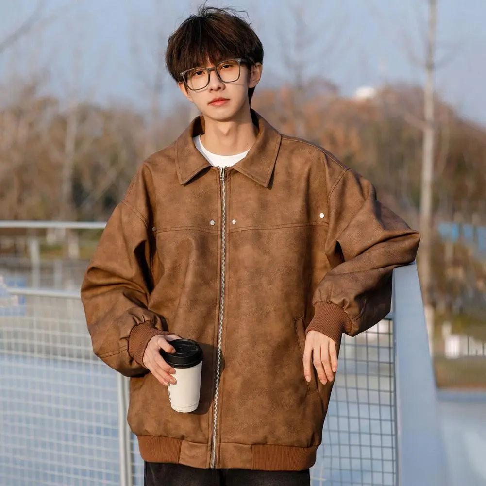 Men Solid Color Jacket Autumn Jacket Stylish Lapel Men's Jacket with Full Zipper Closure Pockets Versatile Outwear for A Modern