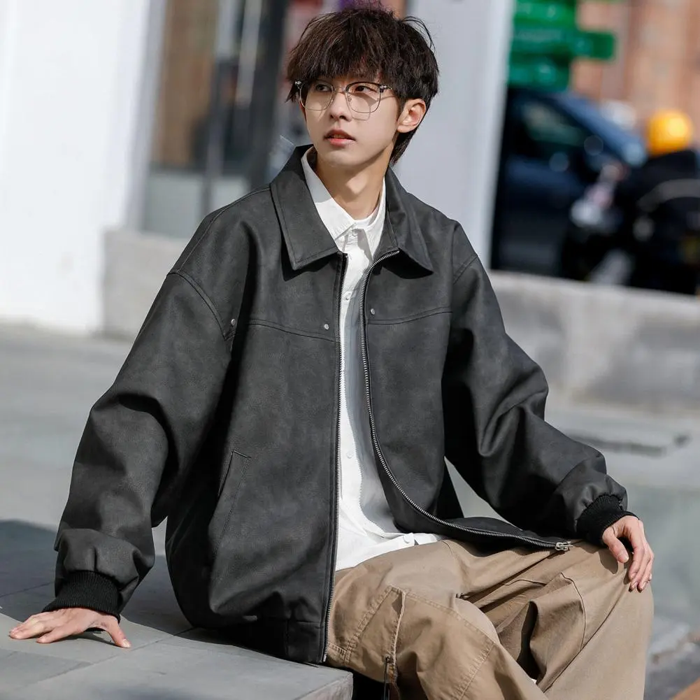 Men Solid Color Jacket Autumn Jacket Stylish Lapel Men's Jacket with Full Zipper Closure Pockets Versatile Outwear for A Modern
