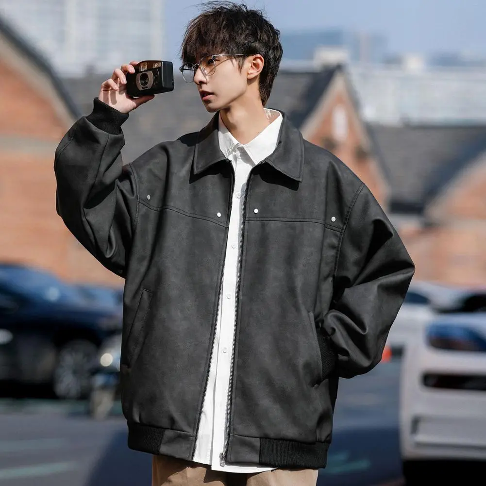 Men Solid Color Jacket Autumn Jacket Stylish Lapel Men's Jacket with Full Zipper Closure Pockets Versatile Outwear for A Modern